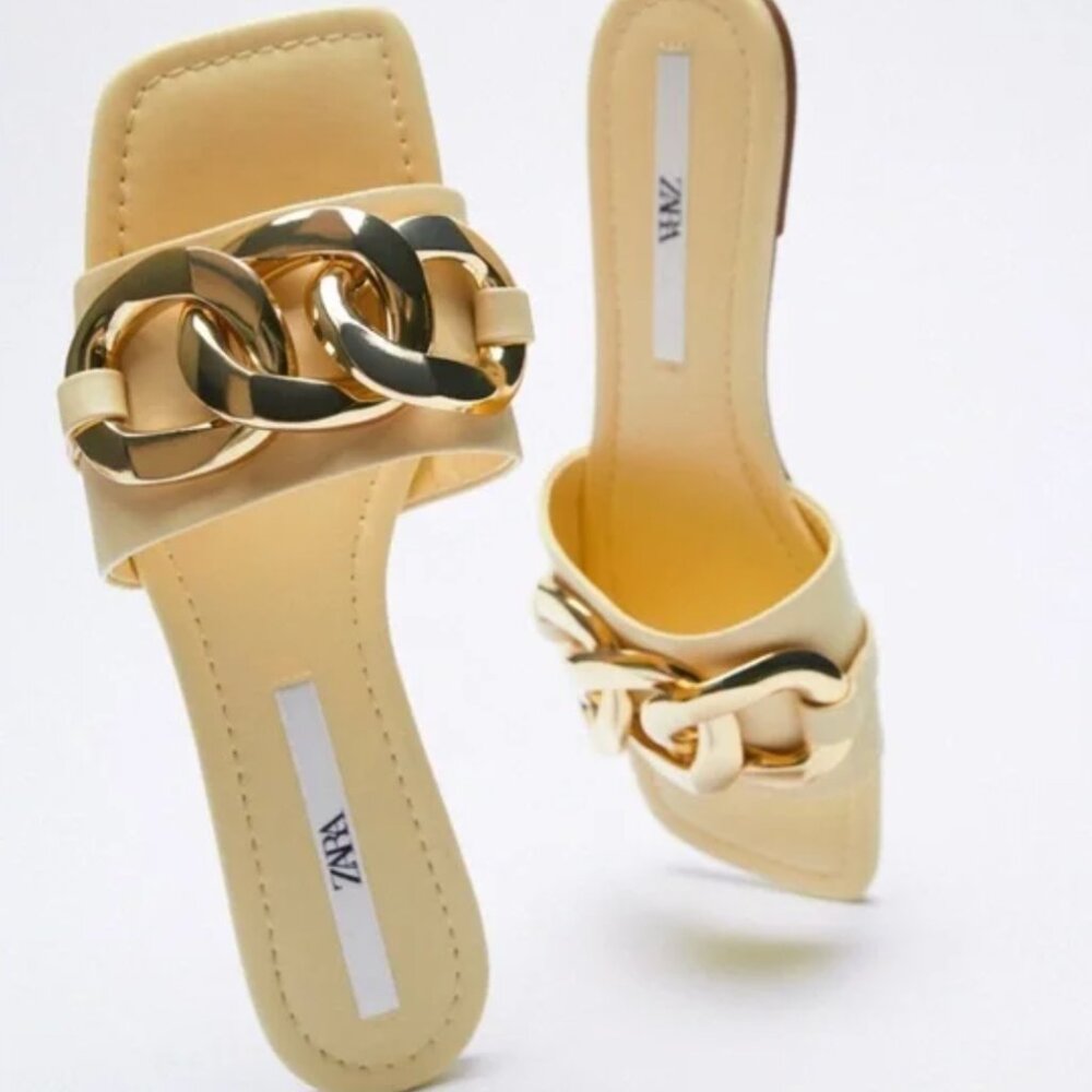 Zara Chain Trim Heeled Sandal 3614/810 Yellow Gold